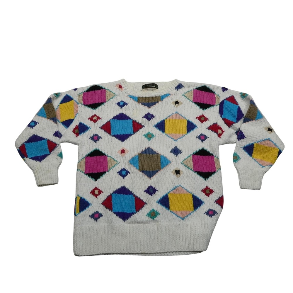J.McLaughlin Sweater Womens Small Multicolor Hand Knit‎ V Neck Geometric Diamond
